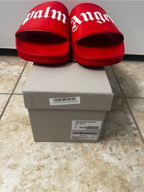 Palm Angels Women Red Slide Sandals with White Logo